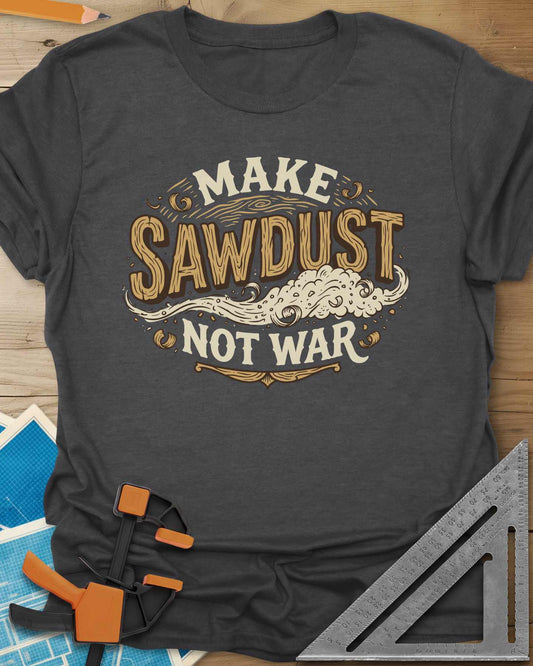Gray t-shirt with 'Make Sawdust Not War' text on a wooden surface with tools.