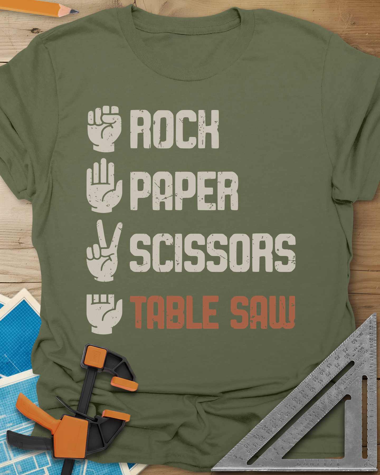Rock, Paper, Scissors, Table Saw Vintage Tee