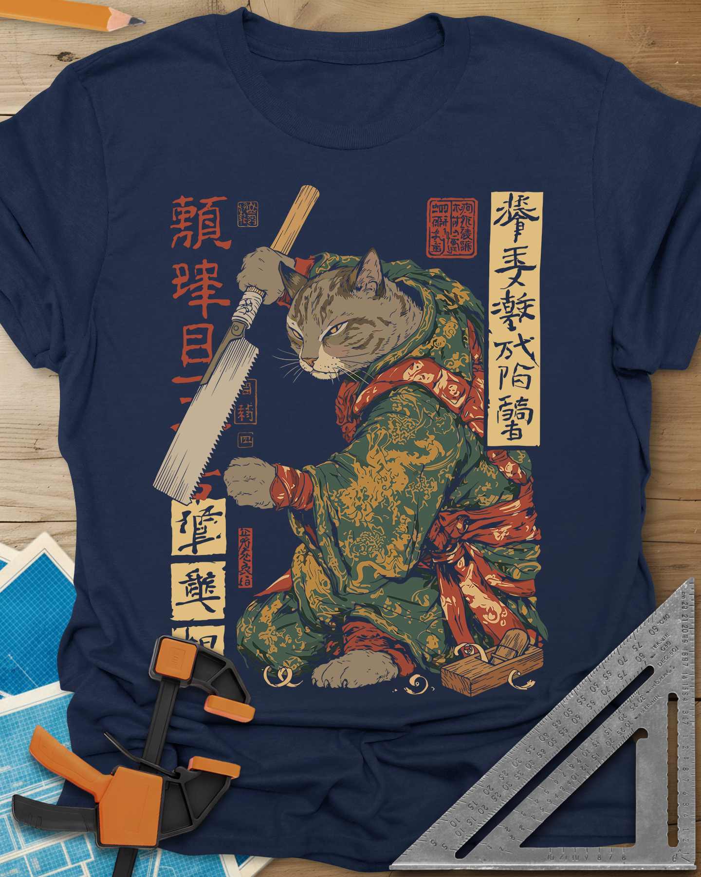 Samurai Cat Woodworker Japanese Hand Saw Tee