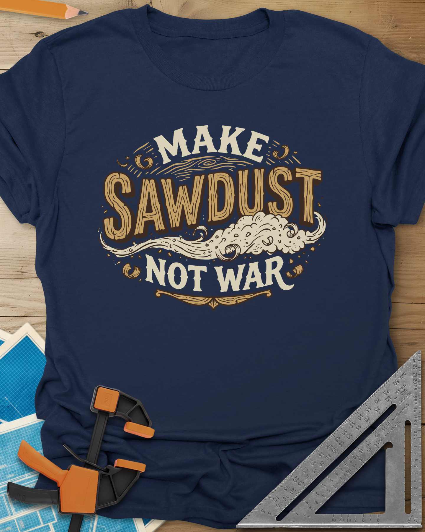 Navy blue t-shirt with 'Make Sawdust Not War' text on a wooden surface with tools.