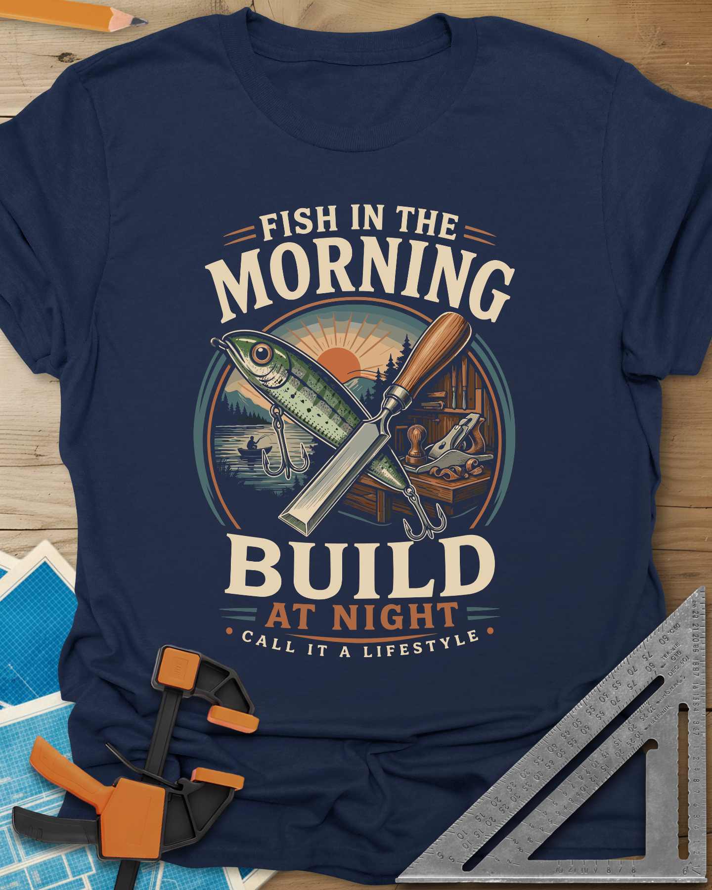 Fish In The Morning Build At Night Tee