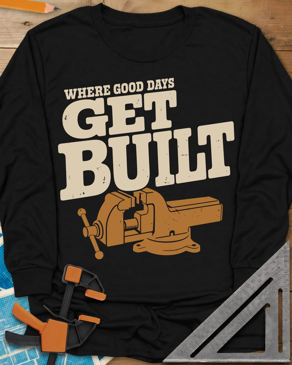 Get Built long sleeve shirt in Black, a swivel-base bench vise under bold slab-serif lettering