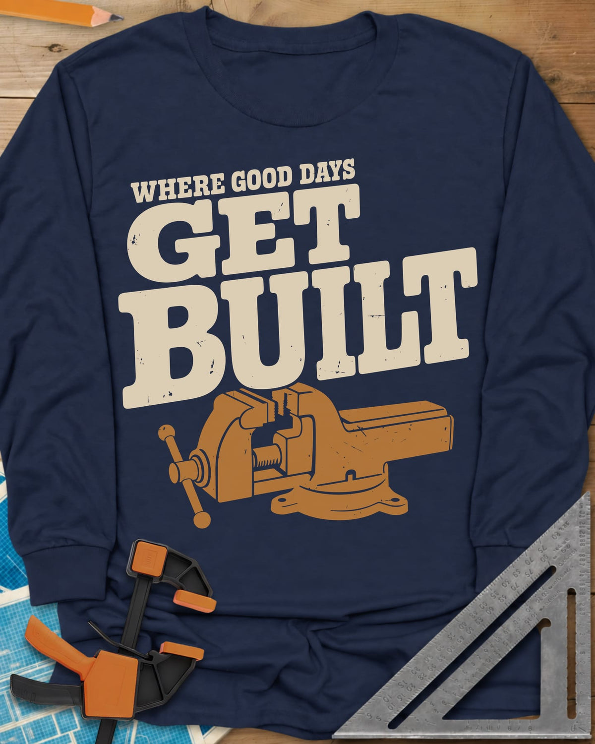 Get Built long sleeve shirt in Navy, a swivel-base bench vise under bold slab-serif lettering