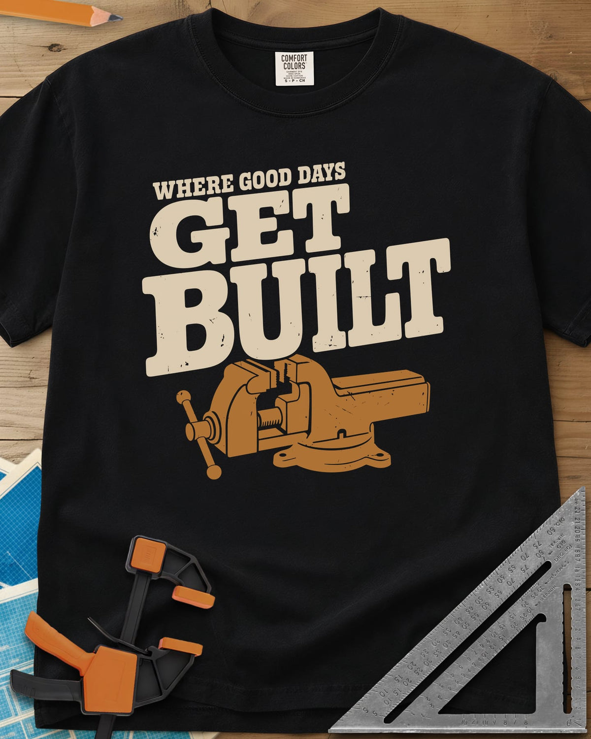 Get Built heavyweight tee in Black, a swivel-base bench vise under bold slab-serif lettering