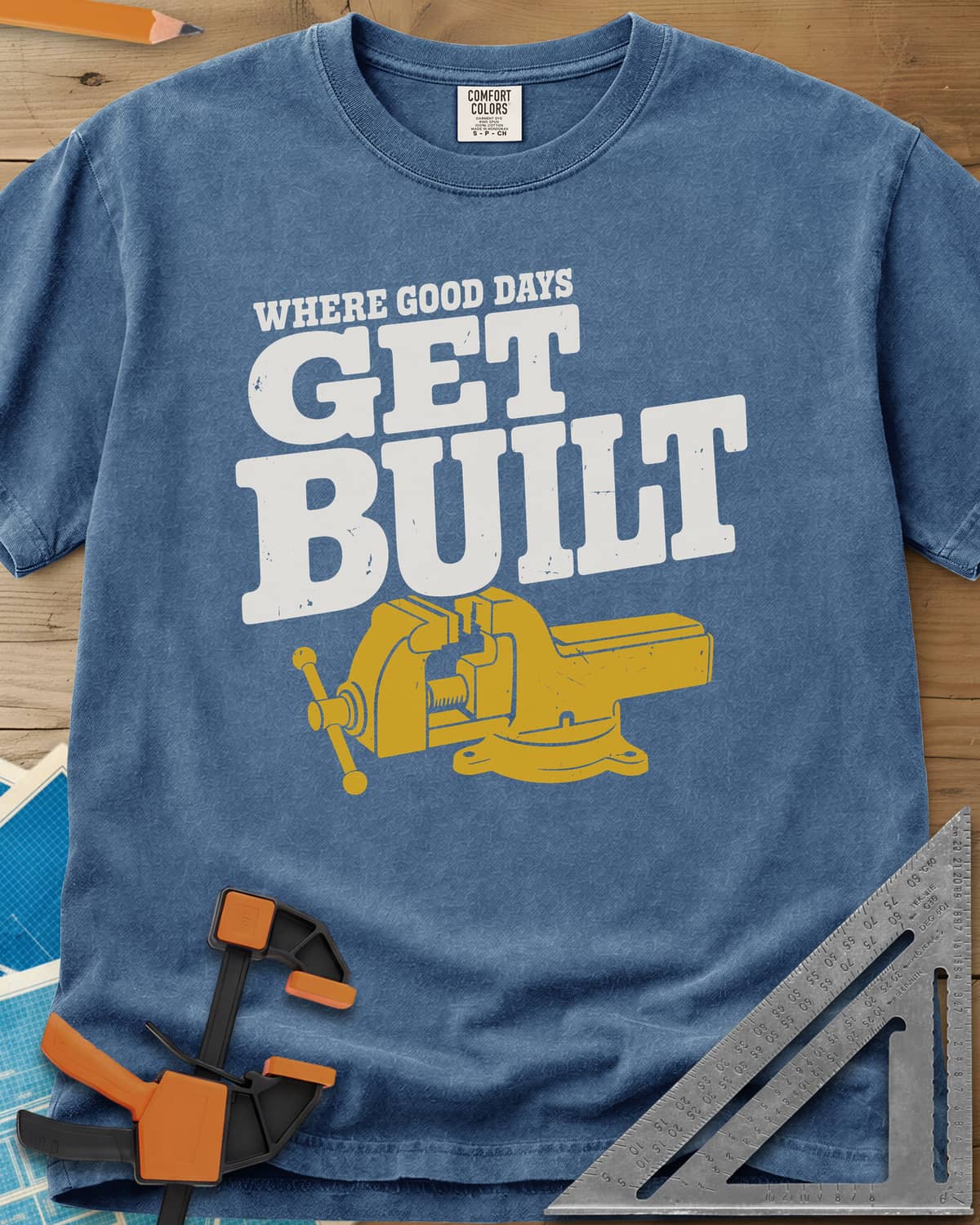 Get Built heavyweight tee in Blue Jean, a swivel-base bench vise under bold slab-serif lettering