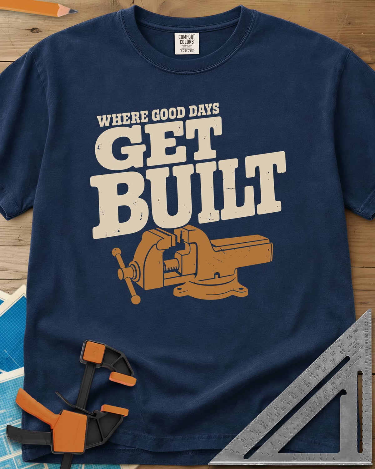 Get Built heavyweight tee in Navy, a swivel-base bench vise under bold slab-serif lettering
