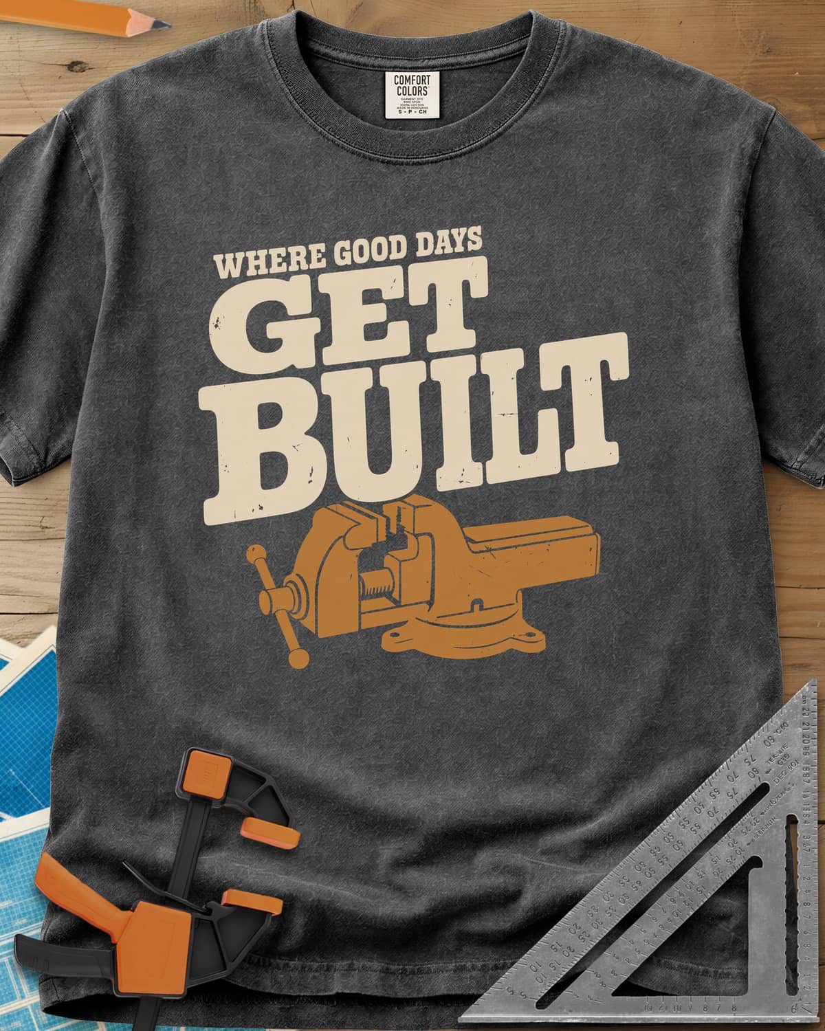 Get Built heavyweight tee in Pepper, a swivel-base bench vise under bold slab-serif lettering