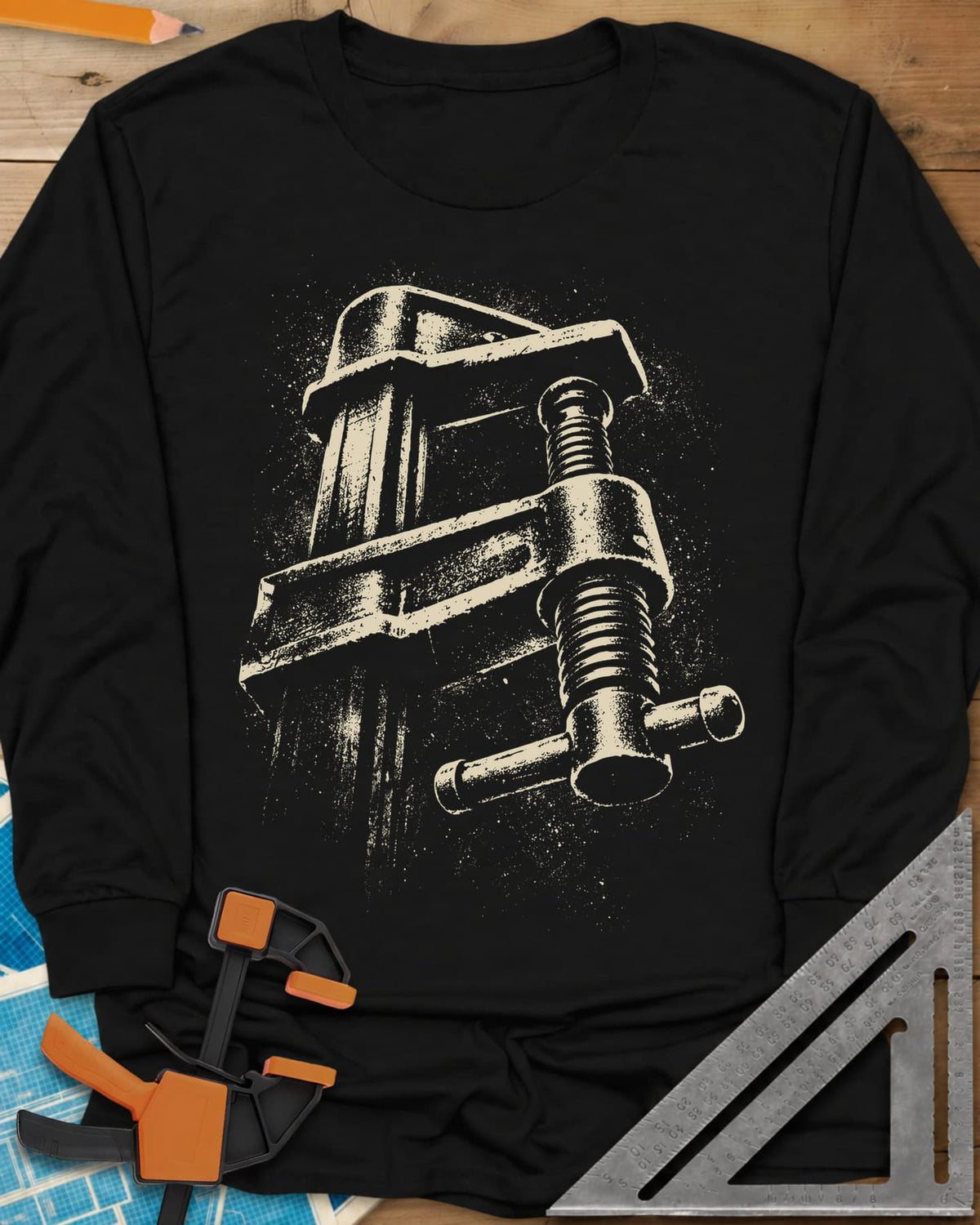 Giant Clamp long sleeve shirt in Black, a giant bar clamp with threaded screw and T-handle