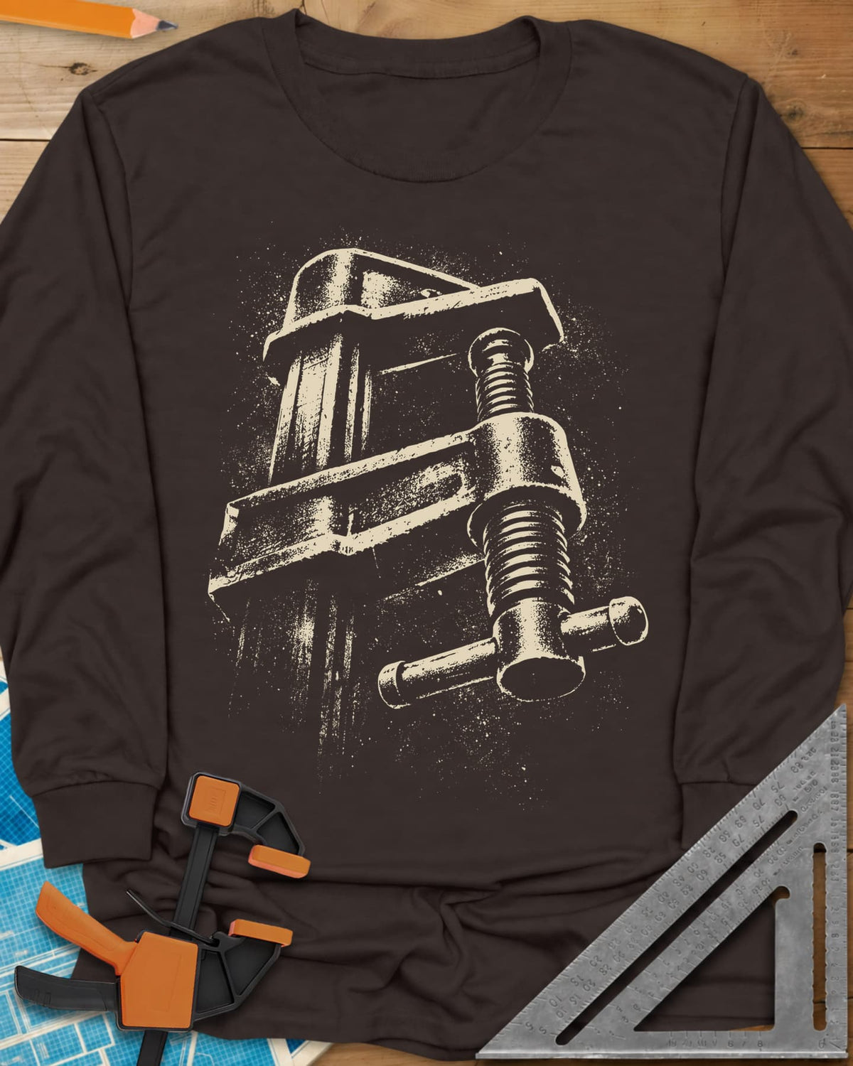 Giant Clamp long sleeve shirt in Dark Chocolate, a giant bar clamp with threaded screw and T-handle