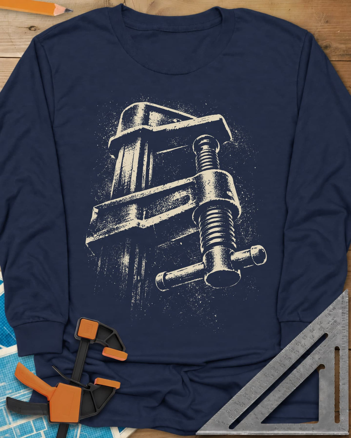 Giant Clamp long sleeve shirt in Navy, a giant bar clamp with threaded screw and T-handle