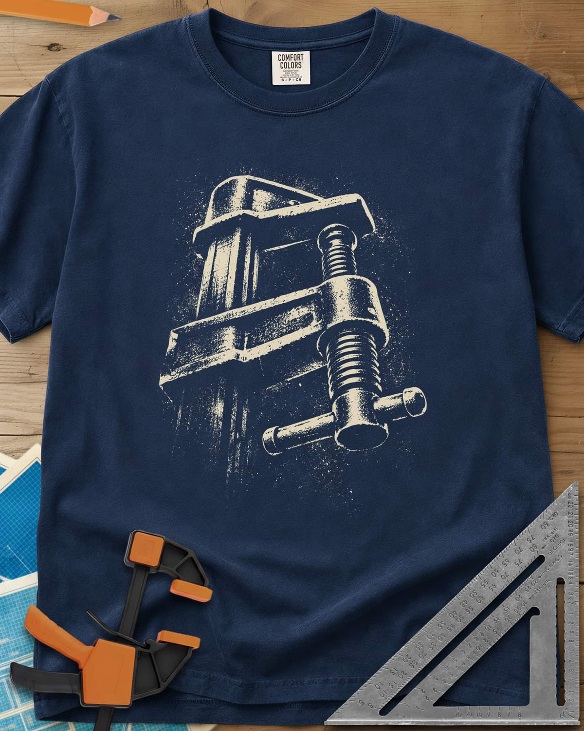 Giant Clamp heavyweight tee in Navy, a giant bar clamp with threaded screw and T-handle