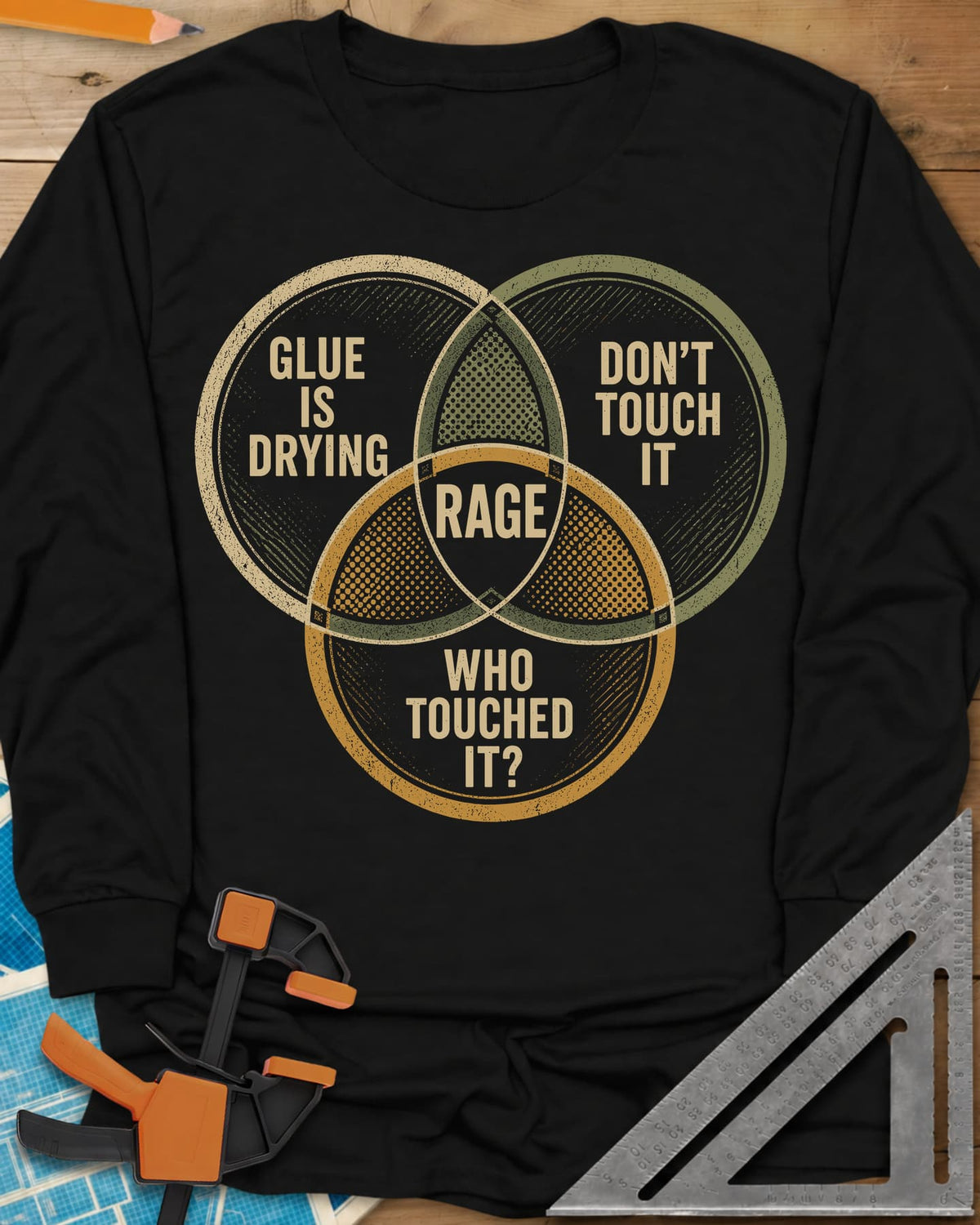 Glue Is Drying Rage long sleeve shirt in Black, a three-circle Venn diagram with RAGE where the circles overlap