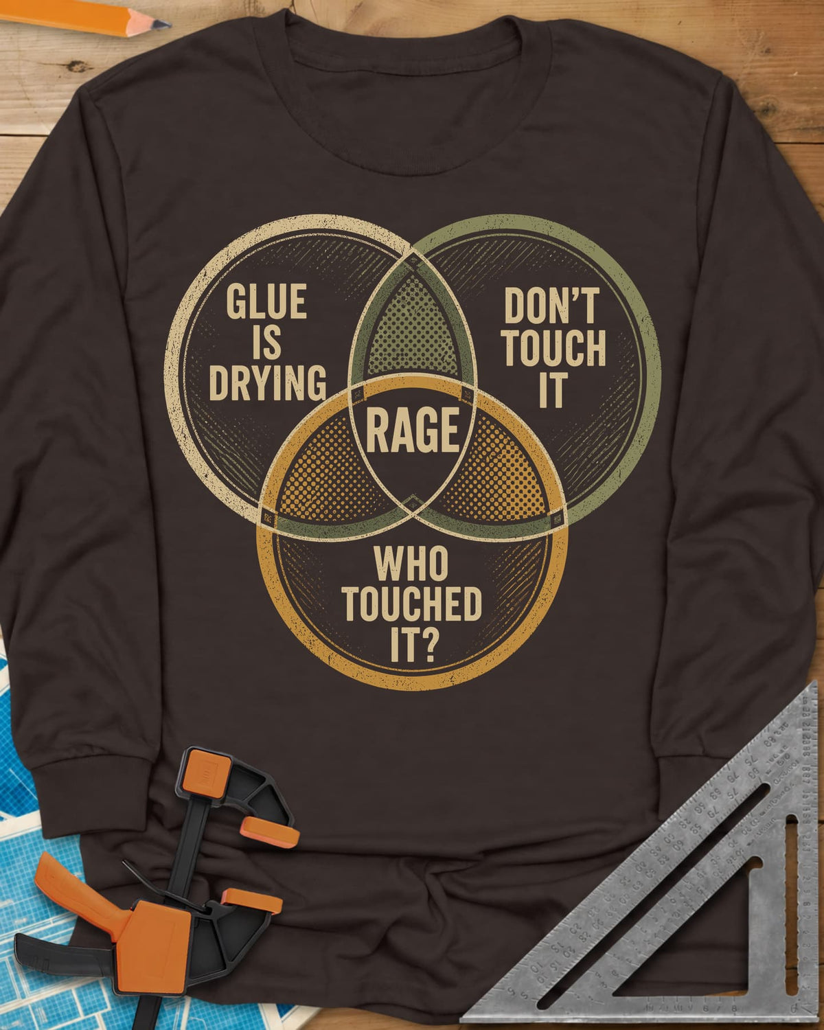 Glue Is Drying Rage long sleeve shirt in Dark Chocolate, a three-circle Venn diagram with RAGE where the circles overlap