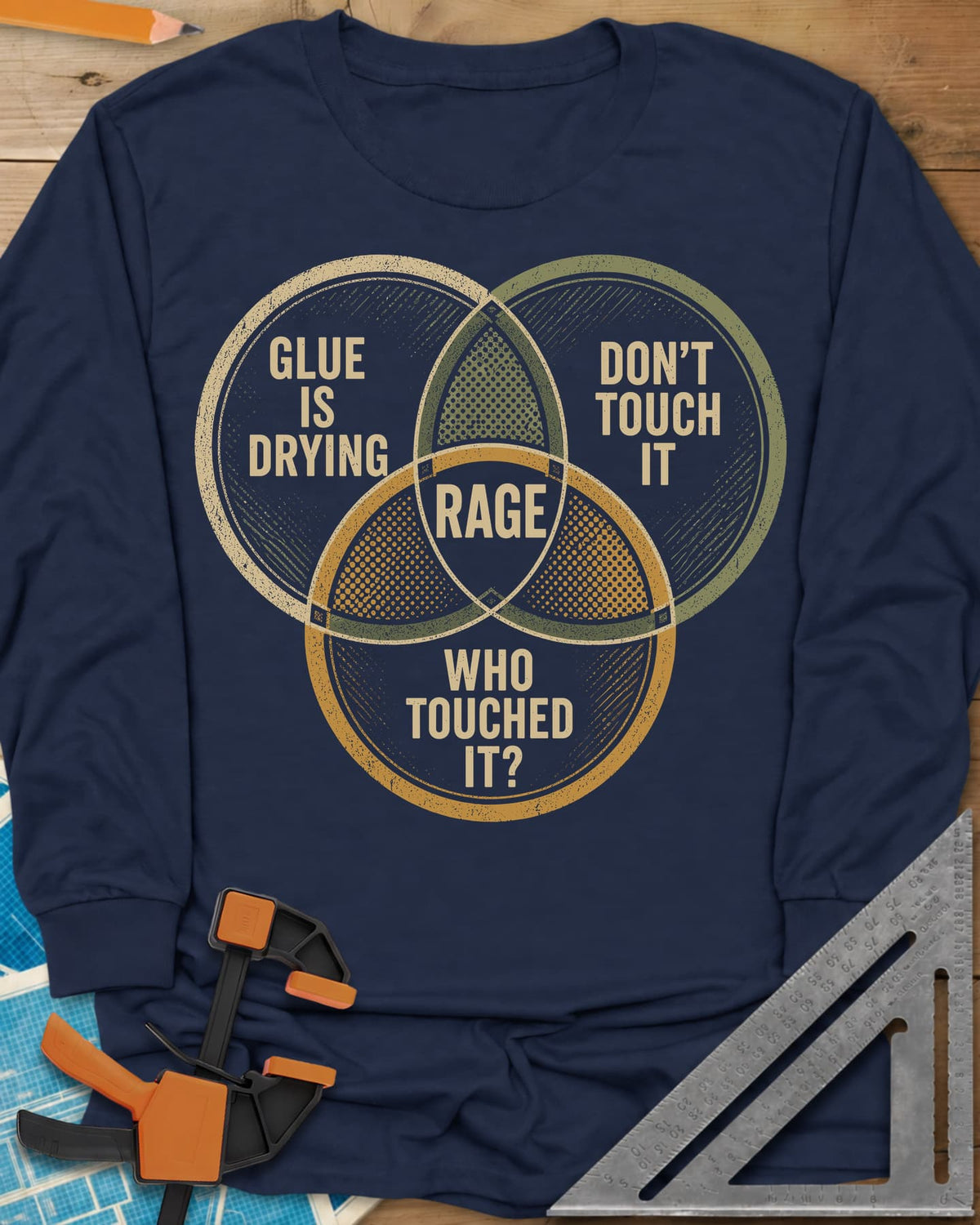 Glue Is Drying Rage long sleeve shirt in Navy, a three-circle Venn diagram with RAGE where the circles overlap