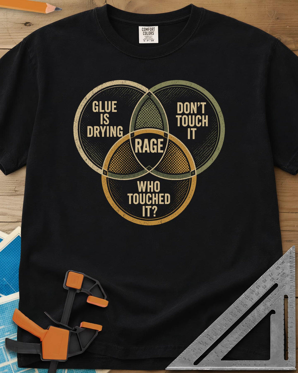 Glue Is Drying Rage heavyweight tee in Black, a three-circle Venn diagram with RAGE where the circles overlap