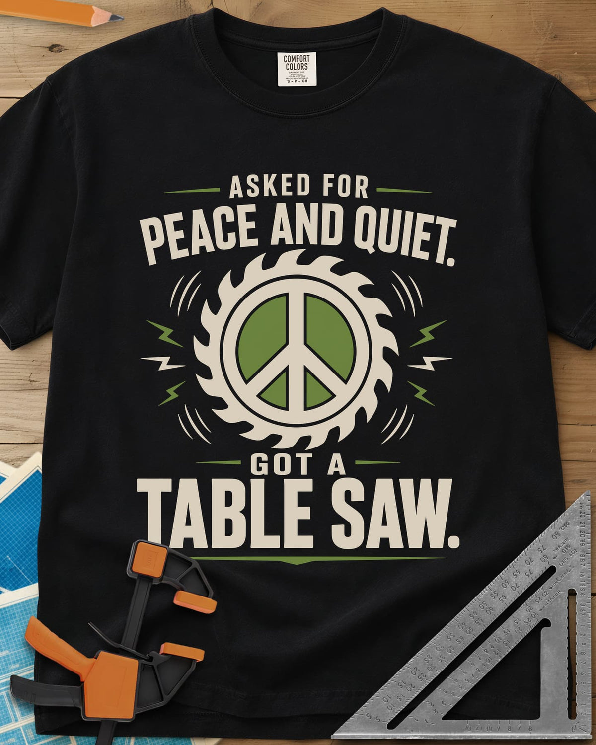 Got A Table Saw heavyweight tee in Black, a peace sign inside a round saw blade with sound bursts