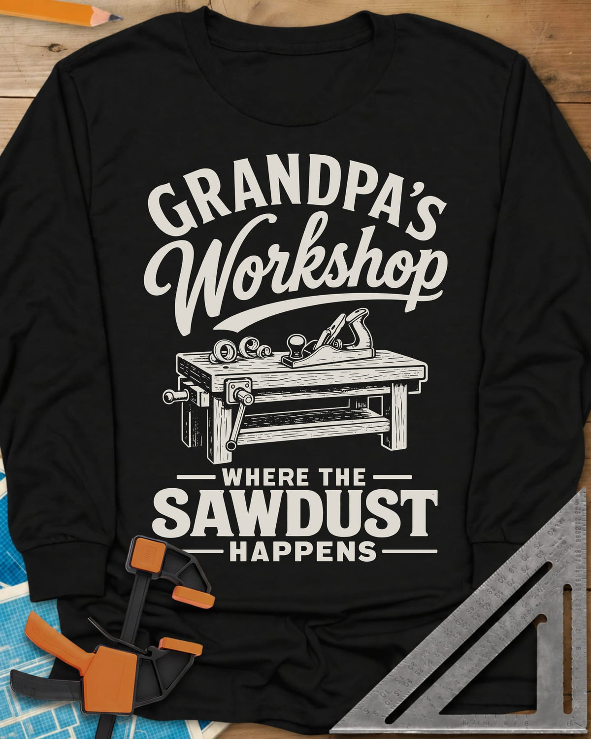 Grandpa'S Workshop long sleeve shirt in Black, script lettering over a workbench with a hand plane and shavings
