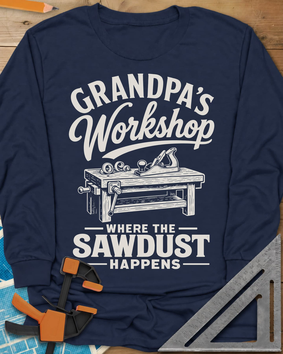 Grandpa'S Workshop long sleeve shirt in Navy, script lettering over a workbench with a hand plane and shavings