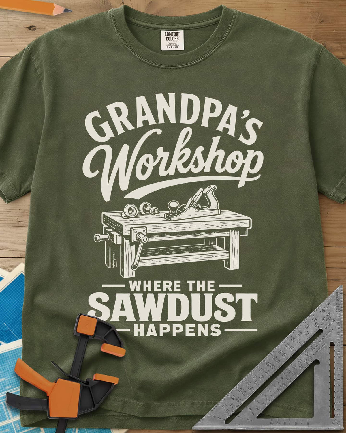 Grandpa'S Workshop heavyweight tee in Hemp, script lettering over a workbench with a hand plane and shavings