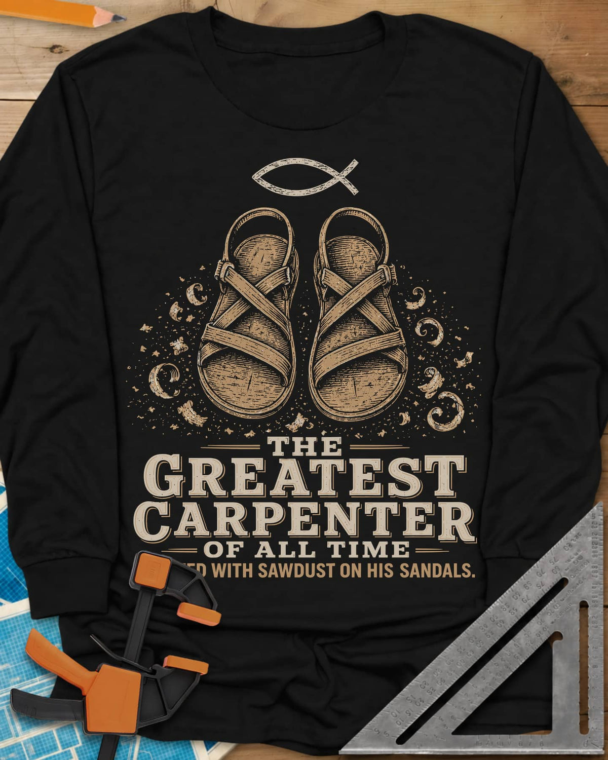 Greatest Carpenter long sleeve shirt in Black, fish symbol over sandals dusted with wood shavings