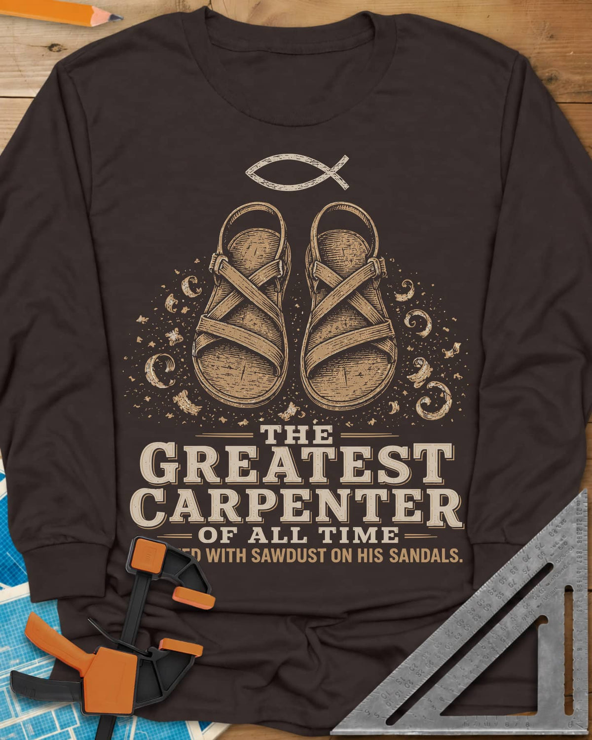Greatest Carpenter long sleeve shirt in Dark Chocolate, fish symbol over sandals dusted with wood shavings