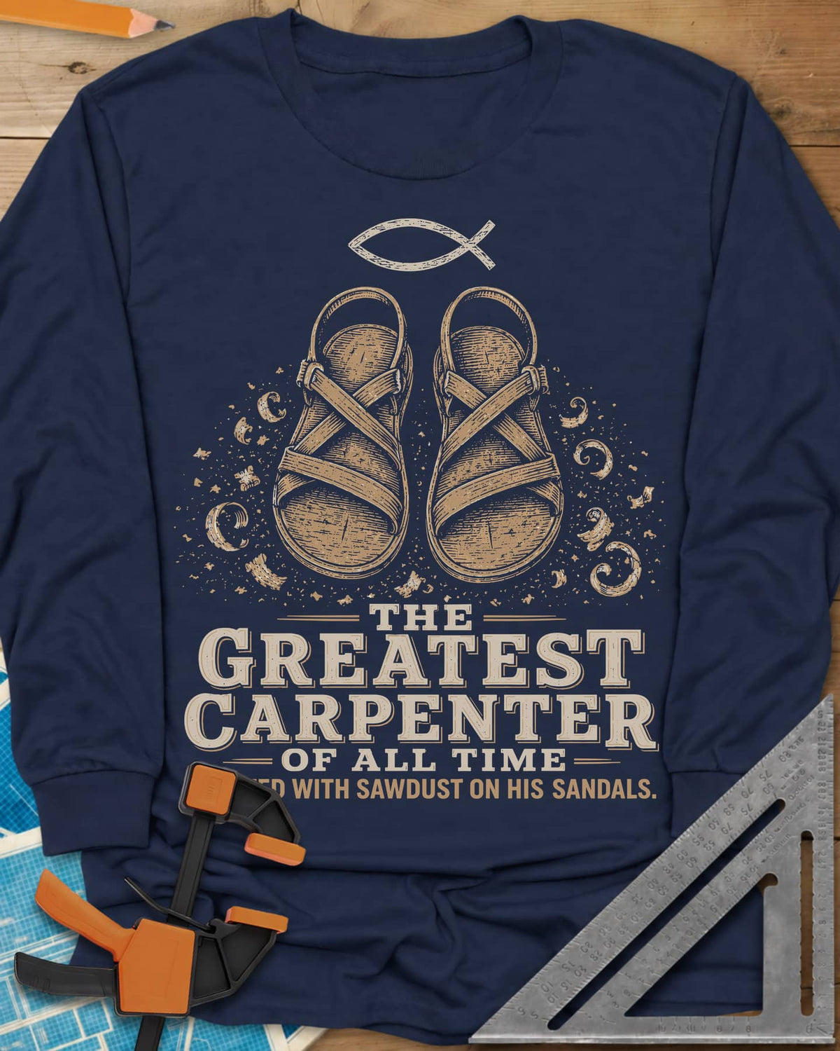 Greatest Carpenter long sleeve shirt in Navy, fish symbol over sandals dusted with wood shavings