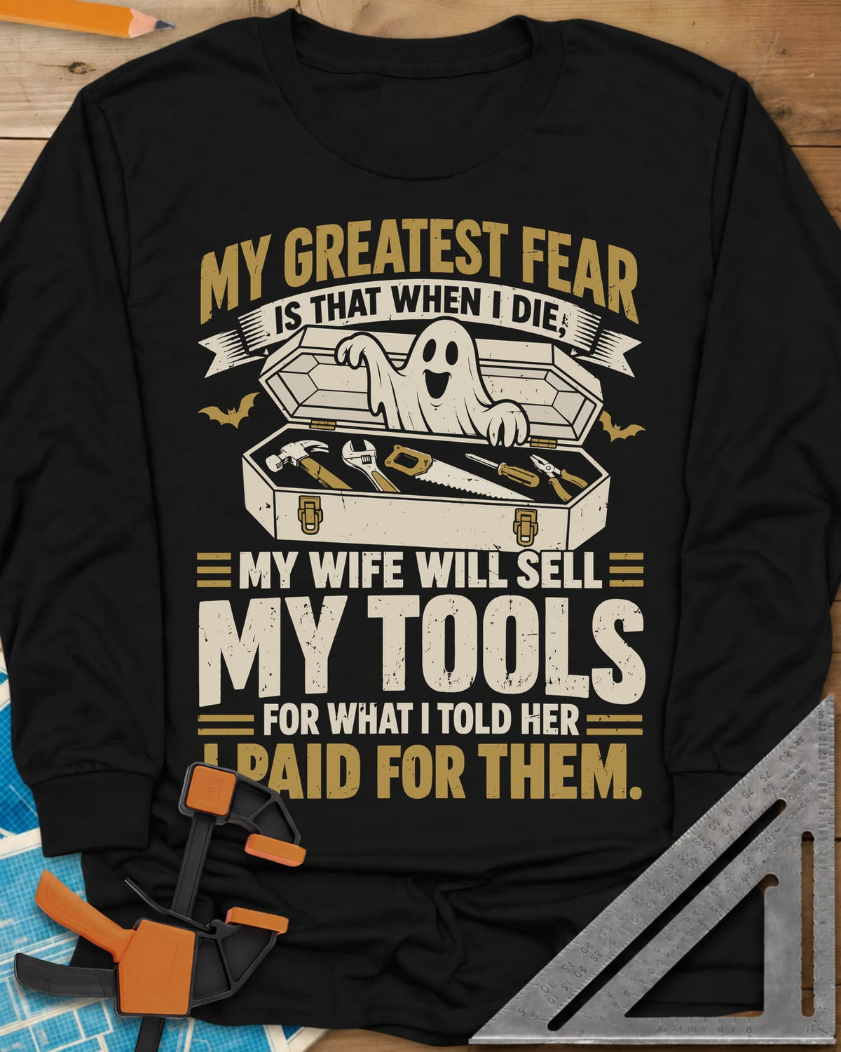 Greatest Fear long sleeve shirt in Black, a smiling ghost rising from an open coffin-style toolbox
