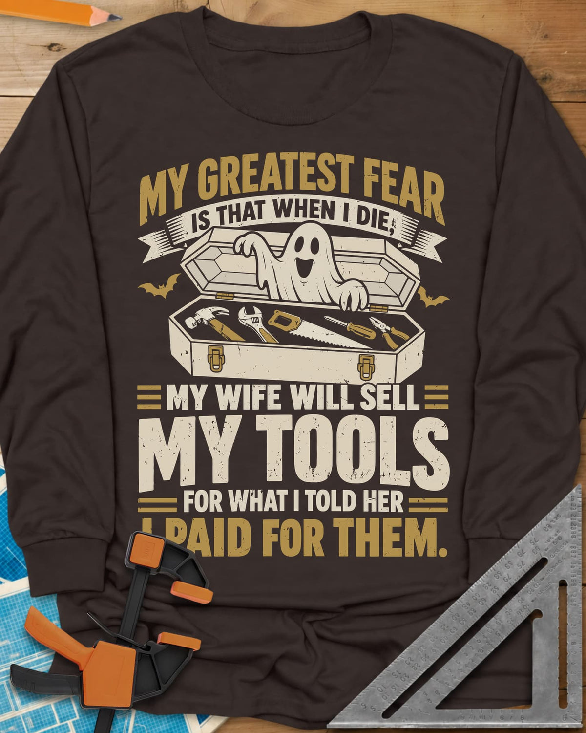 Greatest Fear long sleeve shirt in Dark Chocolate, a smiling ghost rising from an open coffin-style toolbox