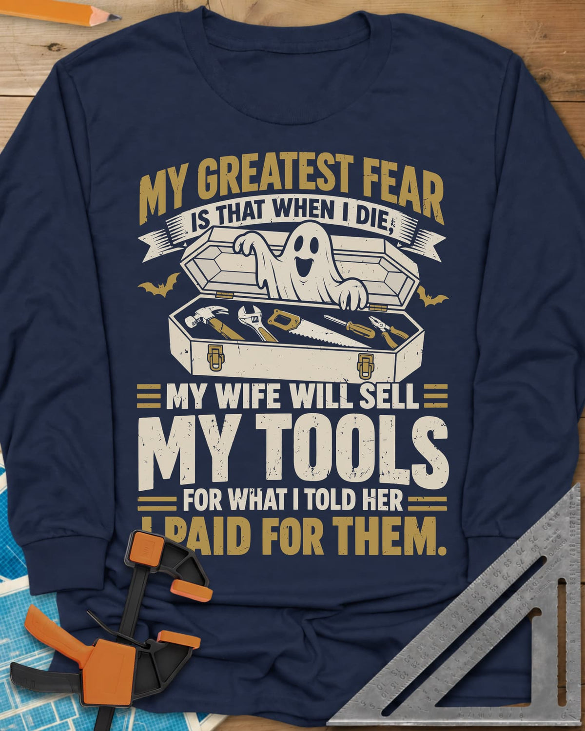 Greatest Fear long sleeve shirt in Navy, a smiling ghost rising from an open coffin-style toolbox