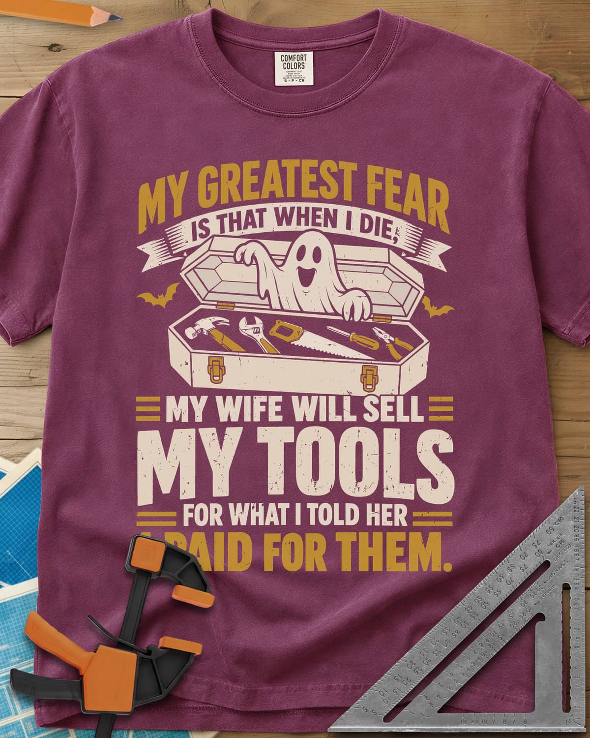 Greatest Fear heavyweight tee in Berry, a smiling ghost rising from an open coffin-style toolbox