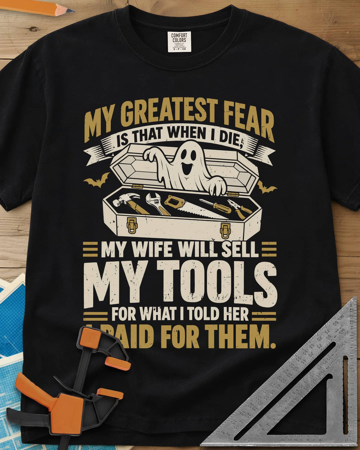 Greatest Fear heavyweight tee in Black, a smiling ghost rising from an open coffin-style toolbox