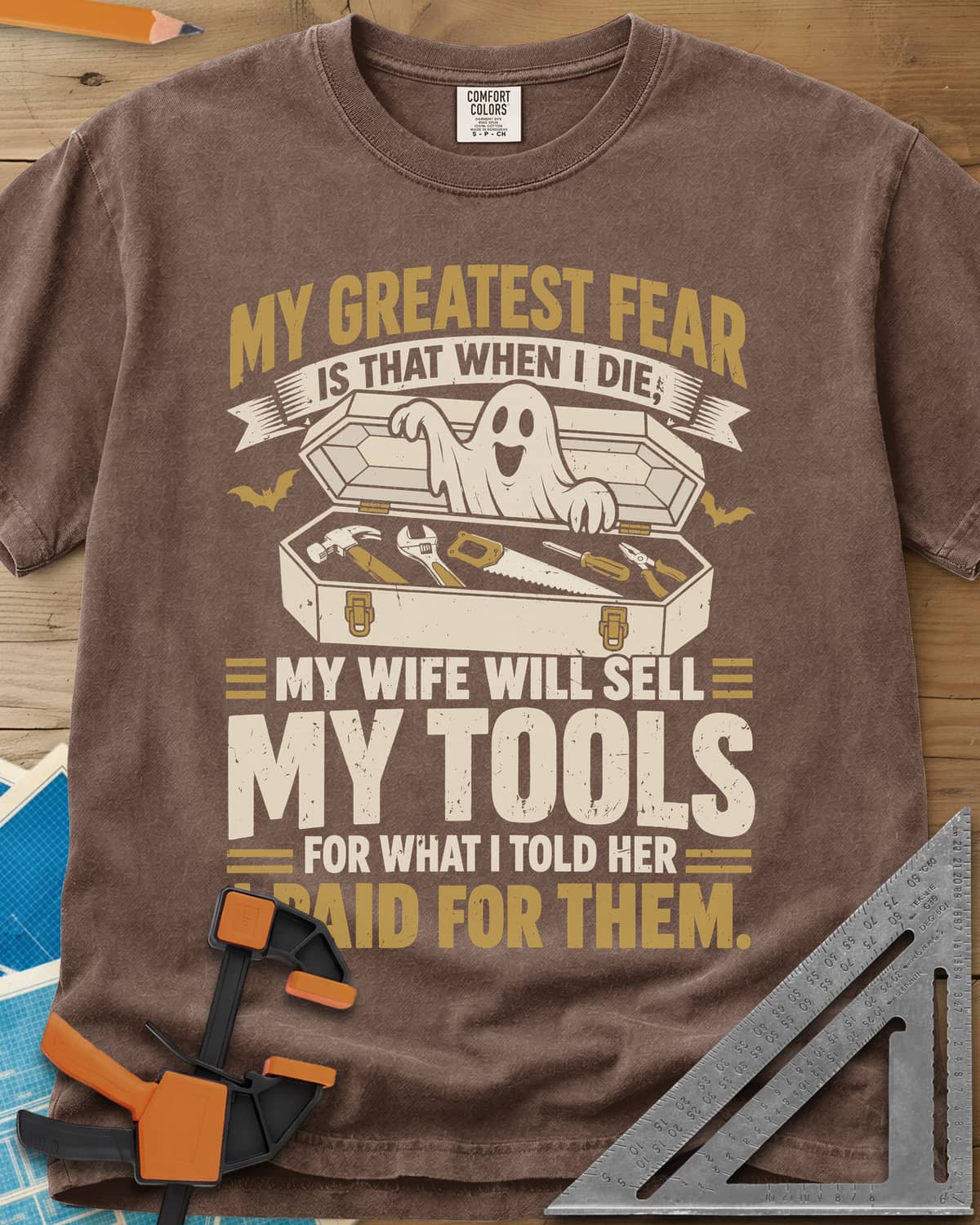 Greatest Fear heavyweight tee in Espresso, a smiling ghost rising from an open coffin-style toolbox