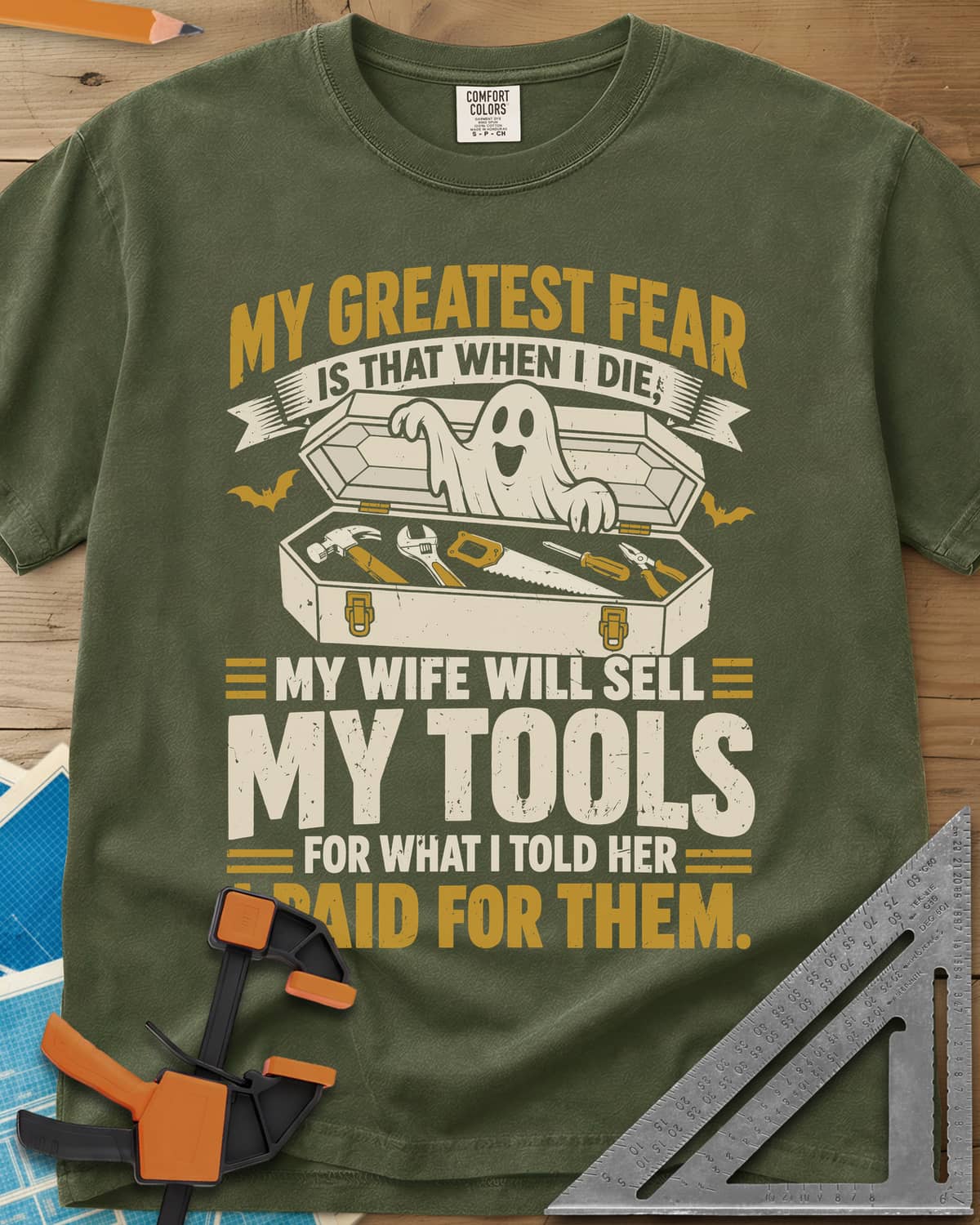 Greatest Fear heavyweight tee in Hemp, a smiling ghost rising from an open coffin-style toolbox