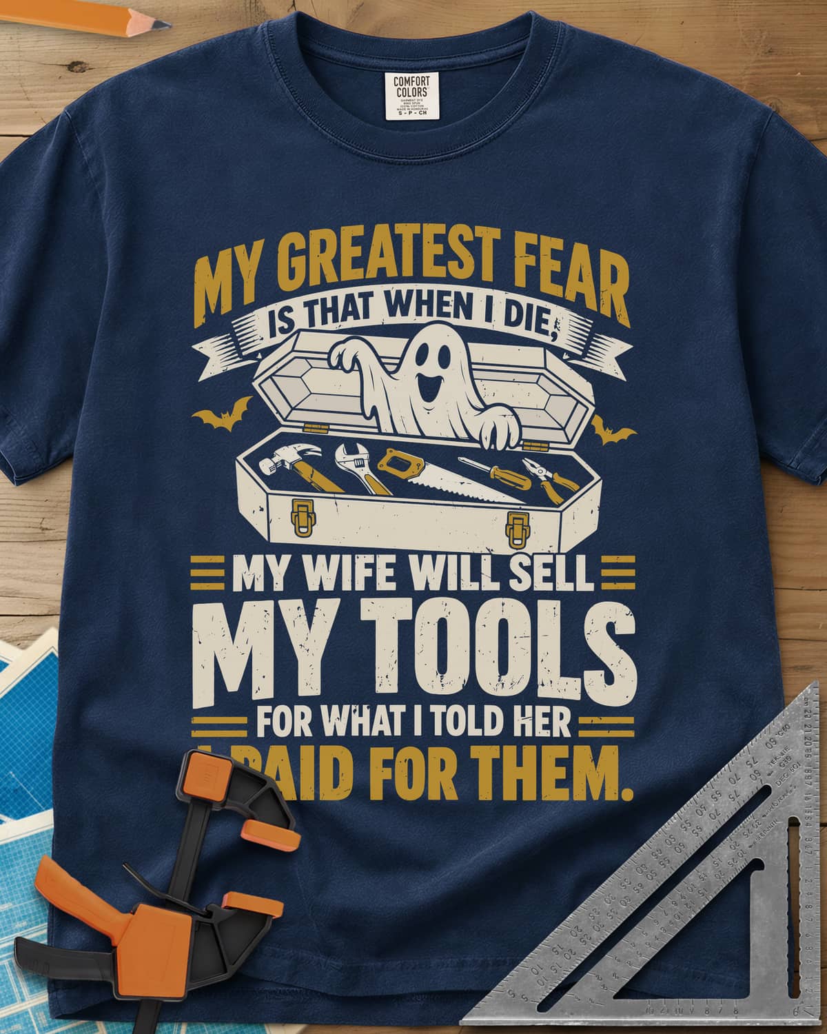 Greatest Fear heavyweight tee in Navy, a smiling ghost rising from an open coffin-style toolbox