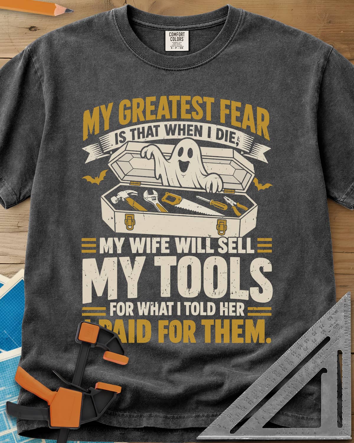 Greatest Fear heavyweight tee in Pepper, a smiling ghost rising from an open coffin-style toolbox