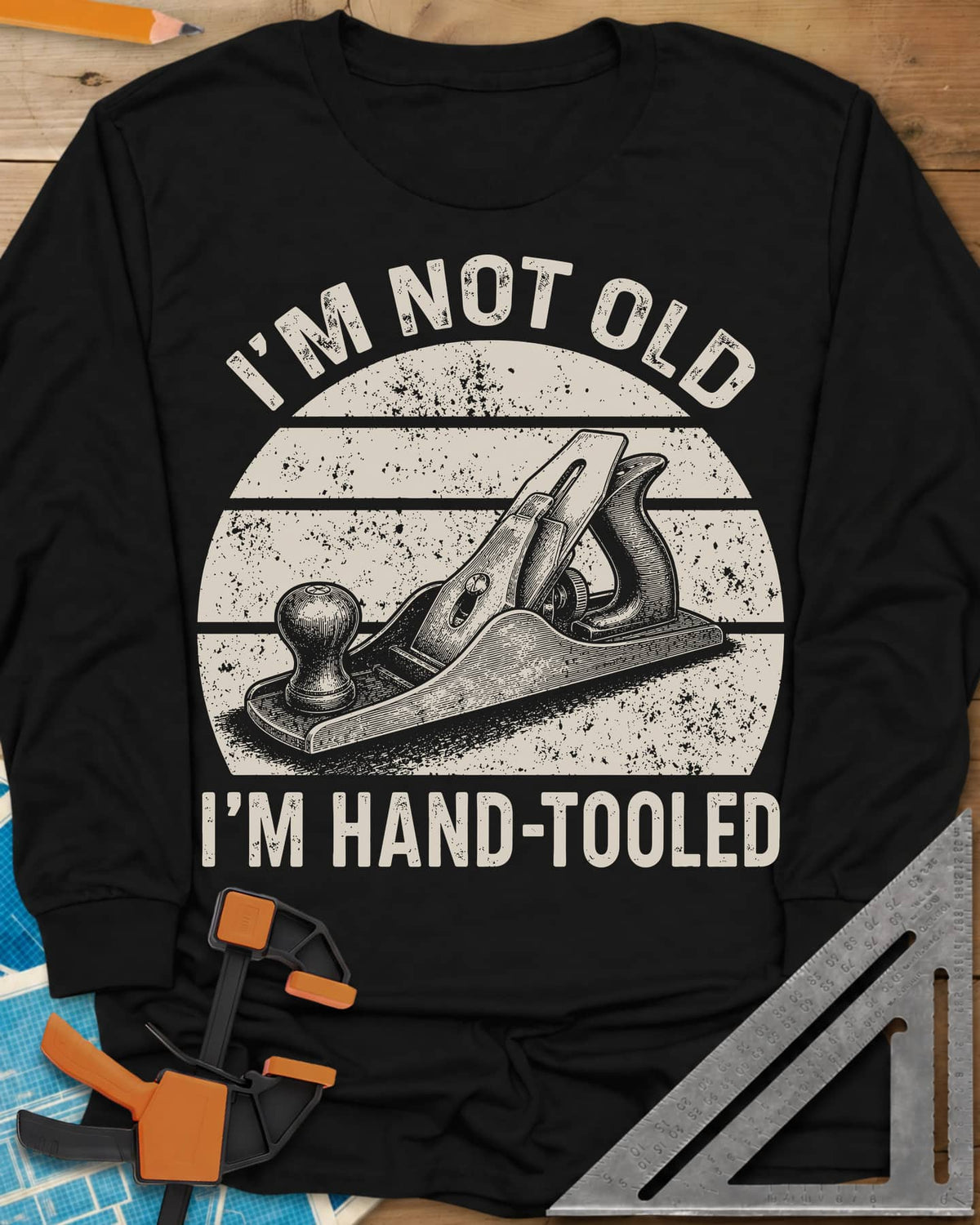 Hand Tooled long sleeve shirt in Black, a bench plane in a retro sunset circle