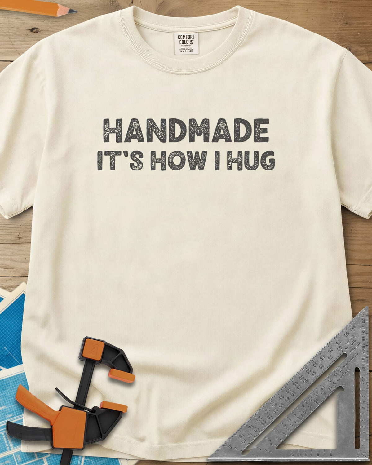 Handmade It's How I Hug heavyweight tee in Ivory, two lines of rough, distressed block lettering, no graphic