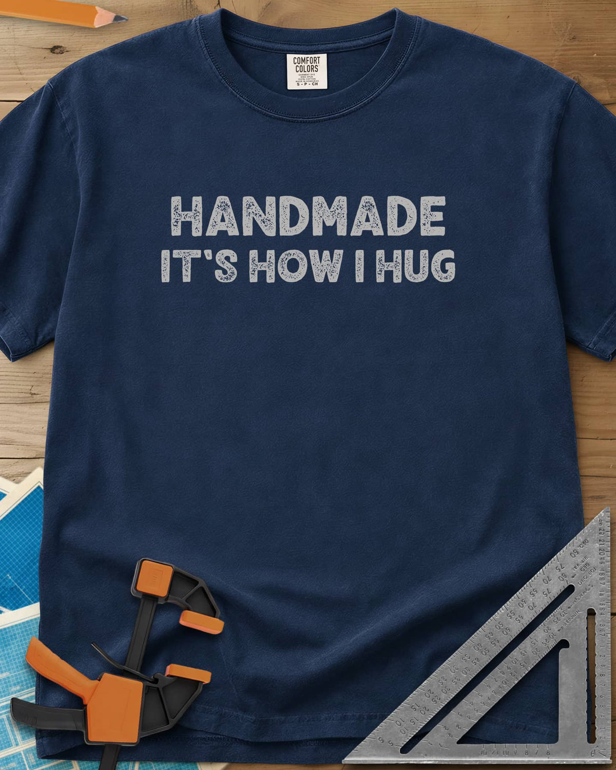 Handmade It's How I Hug heavyweight tee in Navy, two lines of rough, distressed block lettering, no graphic