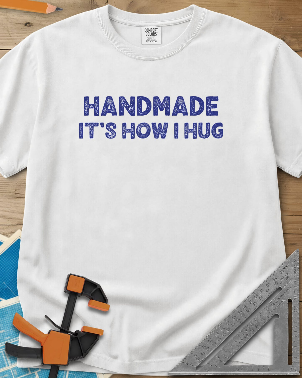 Handmade It's How I Hug heavyweight tee in White, two lines of rough, distressed block lettering, no graphic