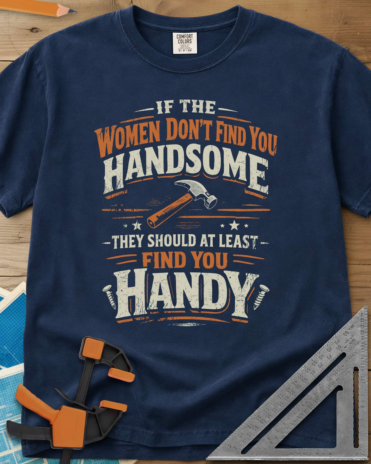 Handsome heavyweight tee in Navy, stacked slogan around a hammer, with stars and two screws