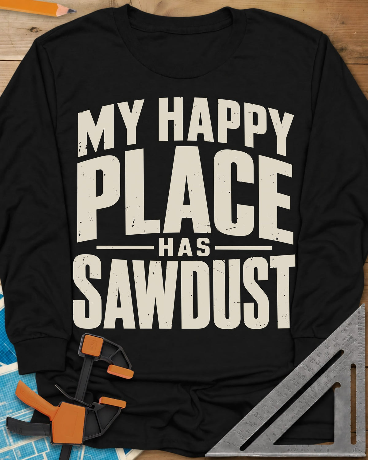 Happy Sawdust long sleeve shirt in Black, tall block capitals with HAS set small between two thin lines