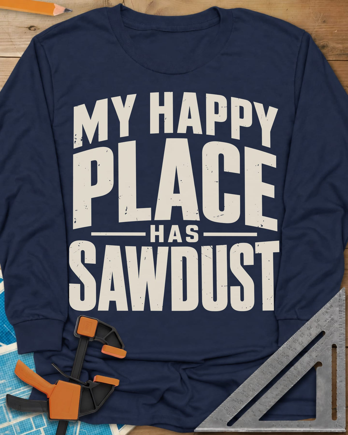 Happy Sawdust long sleeve shirt in Navy, tall block capitals with HAS set small between two thin lines