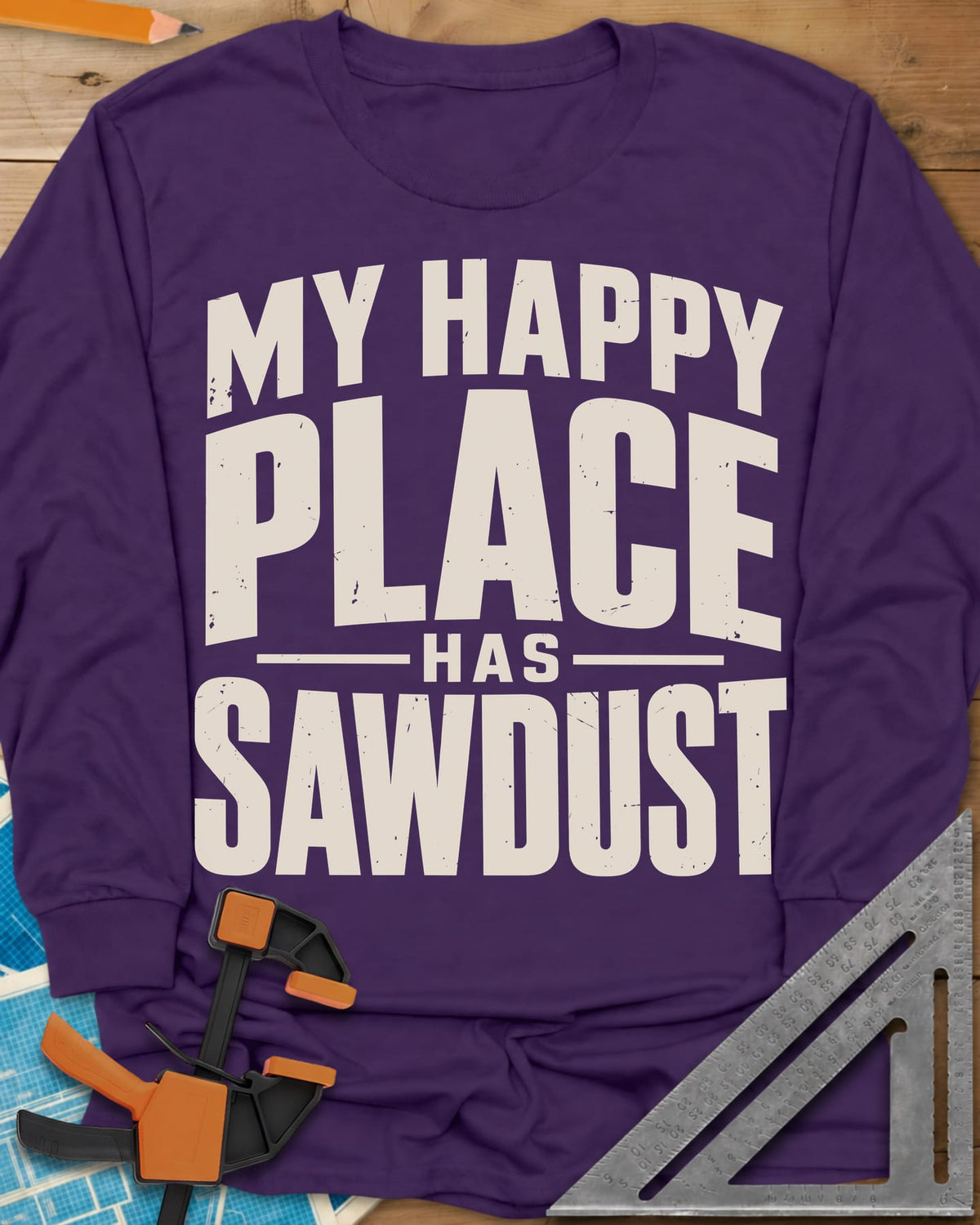 Happy Sawdust long sleeve shirt in Purple, tall block capitals with HAS set small between two thin lines