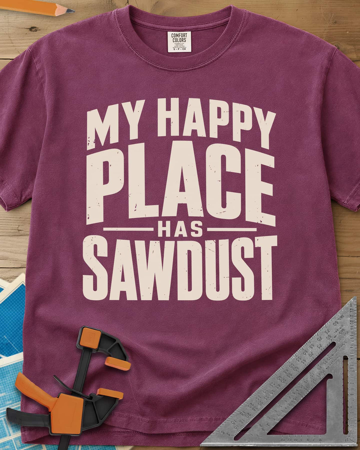 Happy Sawdust heavyweight tee in Berry, tall block capitals with HAS set small between two thin lines