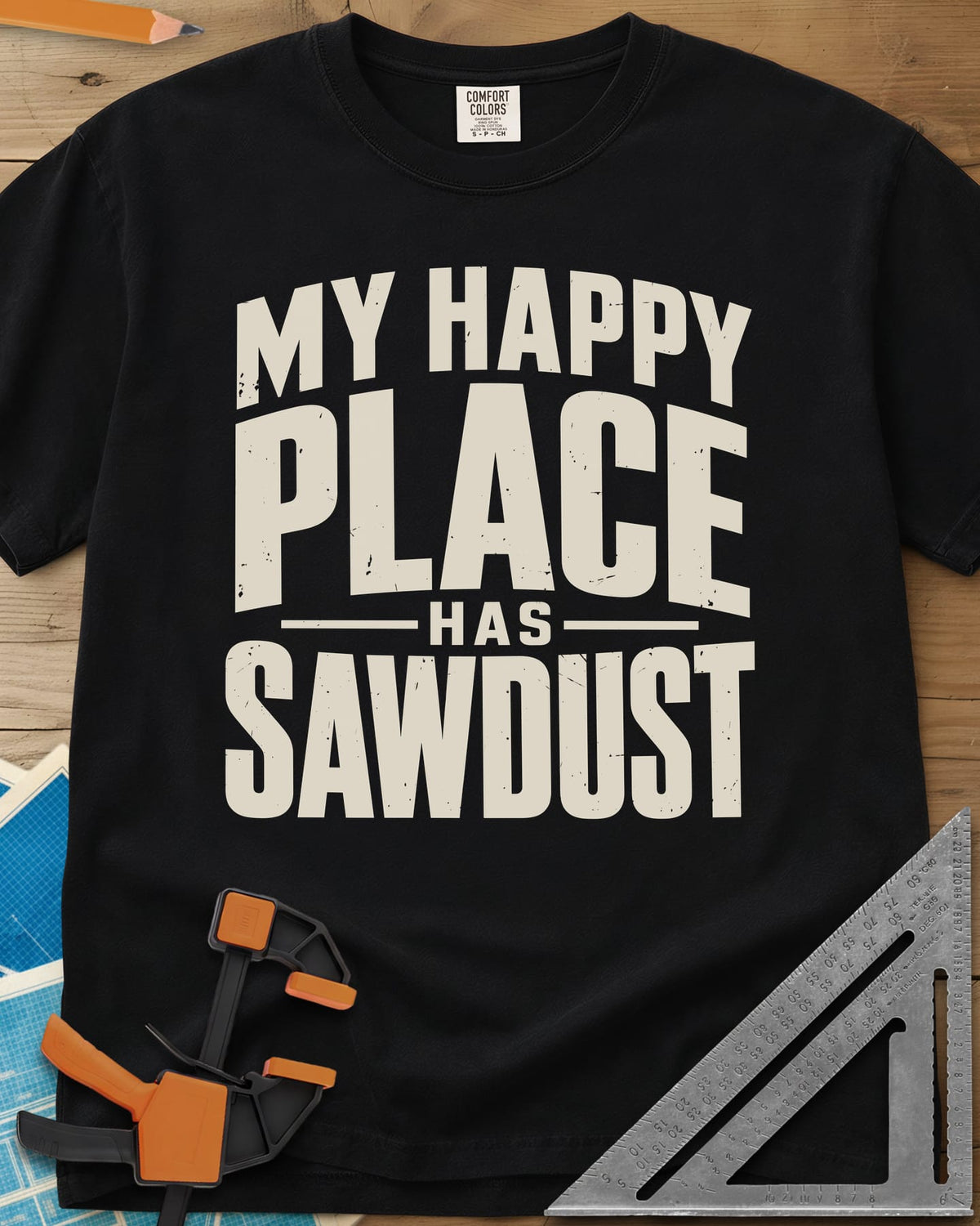 Happy Sawdust heavyweight tee in Black, tall block capitals with HAS set small between two thin lines