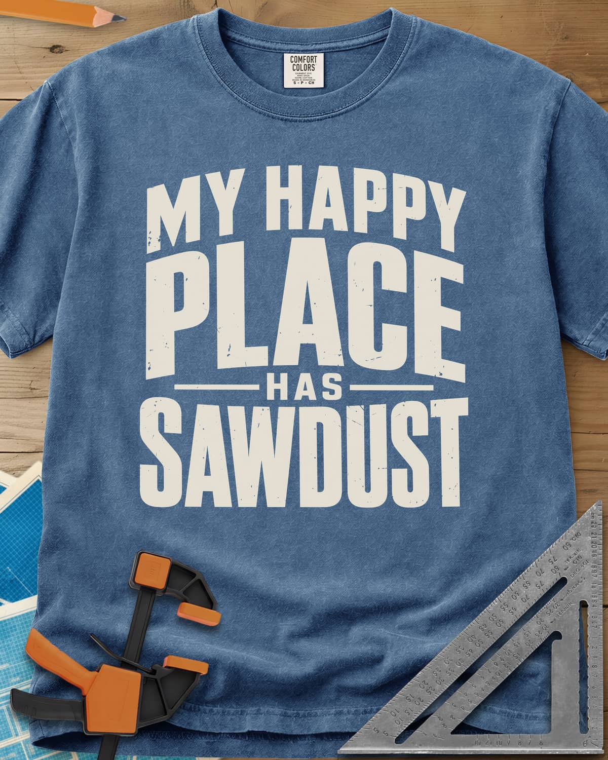 Happy Sawdust heavyweight tee in Blue Jean, tall block capitals with HAS set small between two thin lines