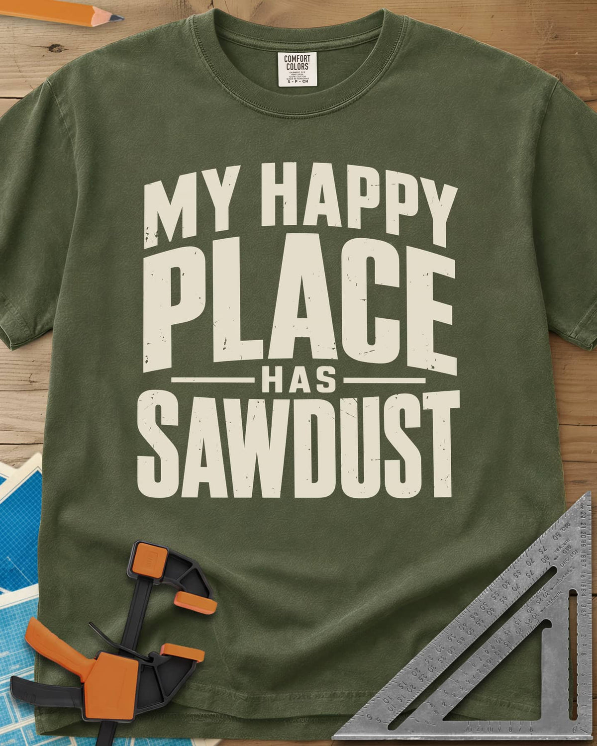 Happy Sawdust heavyweight tee in Hemp, tall block capitals with HAS set small between two thin lines