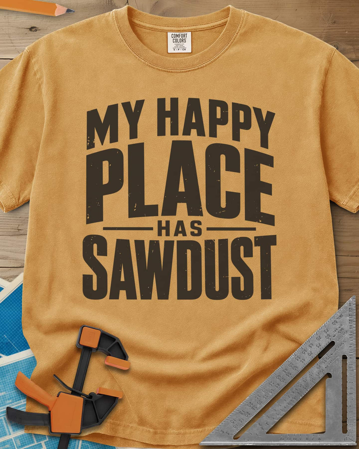 Happy Sawdust heavyweight tee in Mustard, tall block capitals with HAS set small between two thin lines