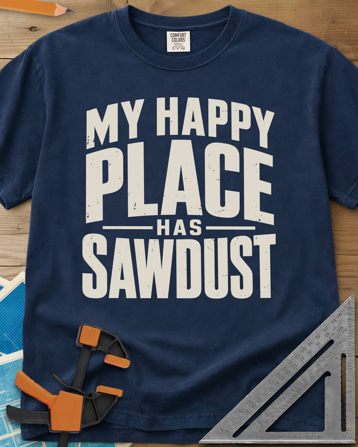 Happy Sawdust heavyweight tee in Navy, tall block capitals with HAS set small between two thin lines