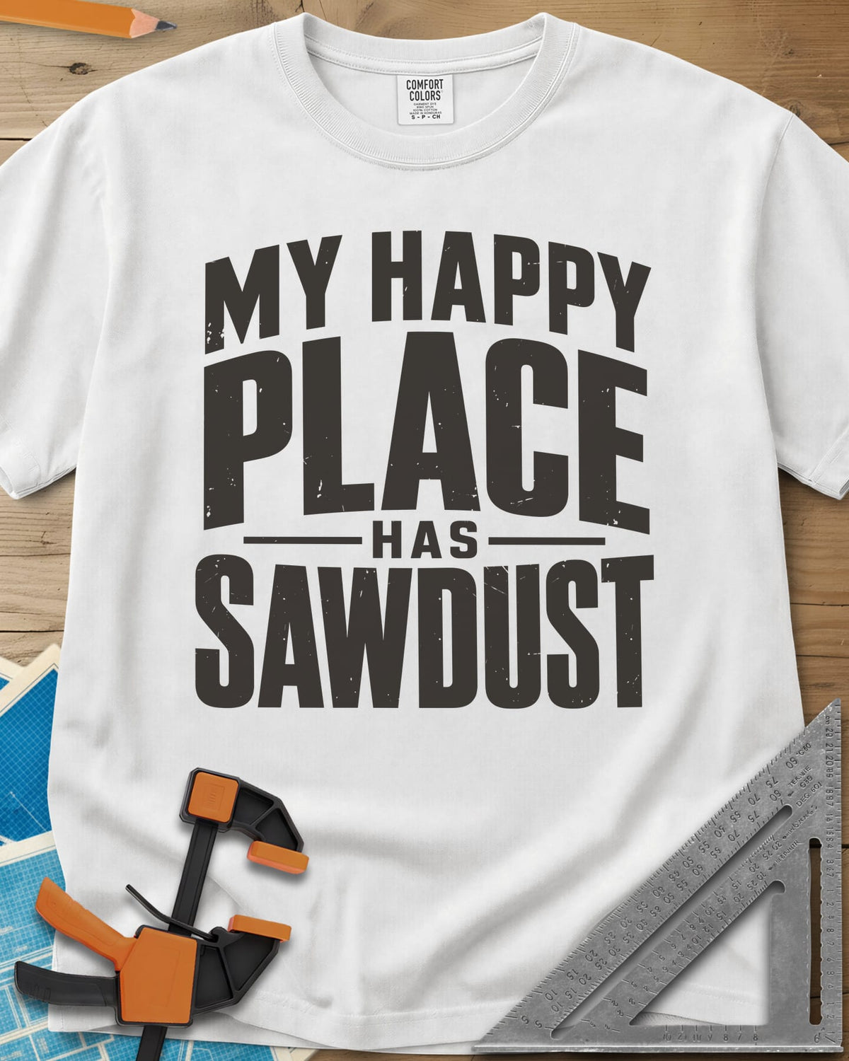 Happy Sawdust heavyweight tee in White, tall block capitals with HAS set small between two thin lines